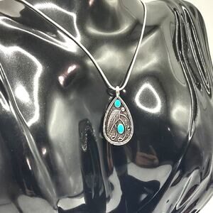 925 Silver Necklace w/ Turquoise Feather Teardrop Pendant Valentines Gift - NEW!
